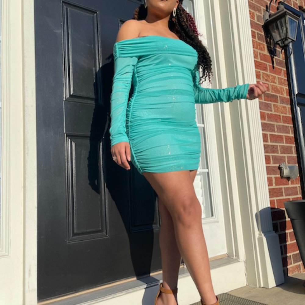 SHEIN Off-Shoulder Glitter Aqua Large Mini Dress